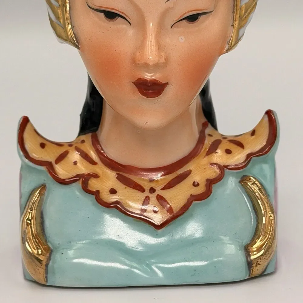 Vintage Asian Lady Head Mini Vase Celadon Jade Gold Japan Mid Century Japan 1950